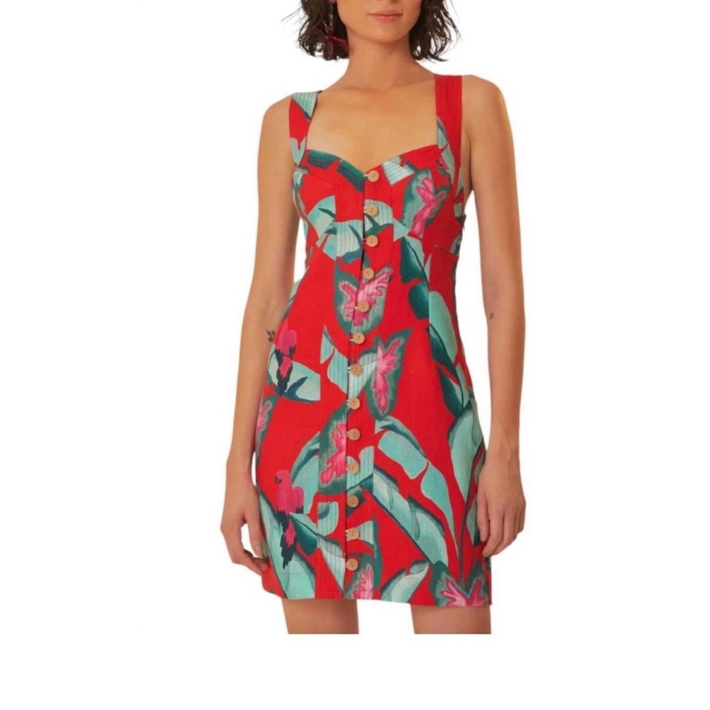 *Farm Rio Summer Foliage Linen Mini Dress in Red/Multi